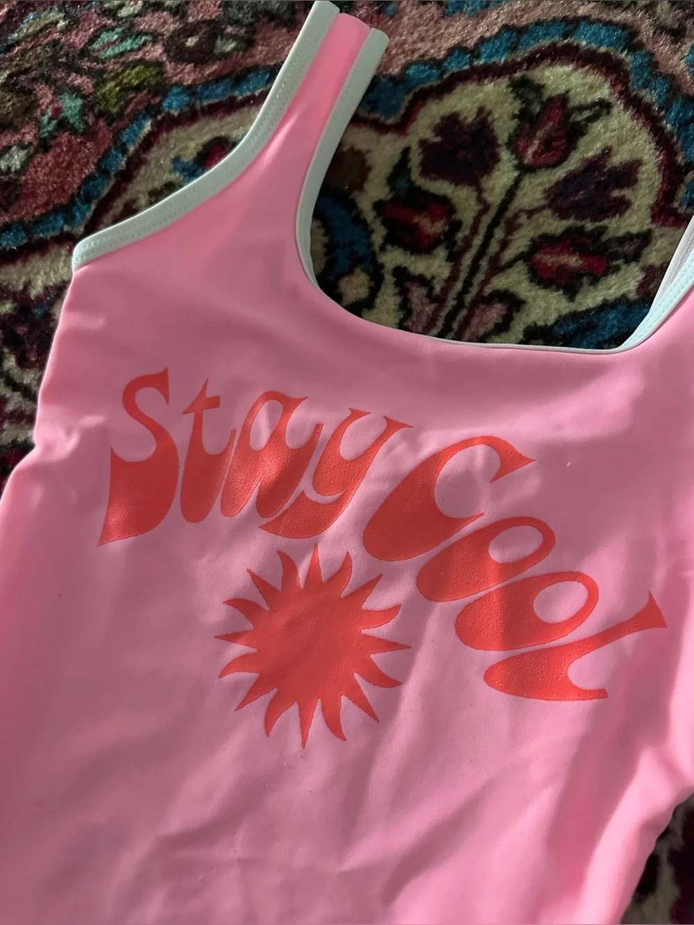 Old Navy Pink One-Piece Swimsuit with Orange Graphic Stay Cool